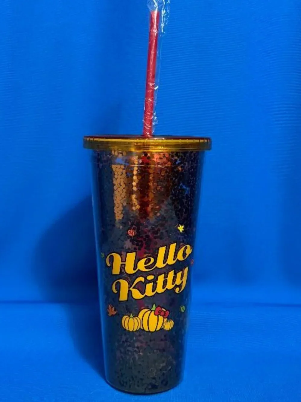 NEW HELLO KITTY PUMPKIN SPICE & PUMPKINS DOUBLE WALLED SEQUIN 32 OZ TUMBLER CUP